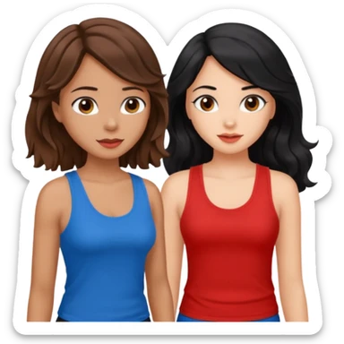 generate a pretty tan bratz girl with brown wavy hair long wearing a red tank top talking to a girl with black hair sticker