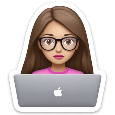 brown straight long Hair brown eyes pink lips, glasses  girl with macbook sticker