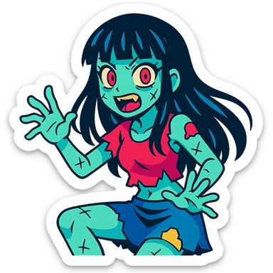 vibrant anime style zombie girl with light skin, long black hair with bangs, colorful and dynamic sticker