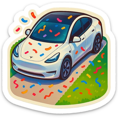 A Tesla Model Y parking in a home driveway with grass on the sides, from above, with confetti sticker