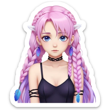 Gorgeous beautiful pretty grumpy anime lady long-pale-whitish-pastel-pink-hair with one braid on each side, hanging gradient-purple-pink feather-ear-cuffs on each side in hair, black bodysuit, blue eyes, pink iris, ethereal, fashion aesthetic  sticker