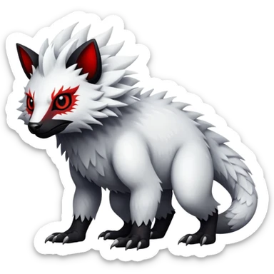 a white exotic edgy vernid-fionbr-Fakémon-creature, with black belly and red eyes, full body sticker