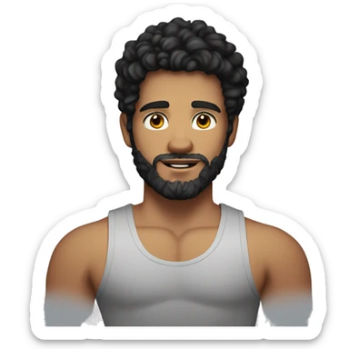 21 year old white-skinned man with black curly hair and beard who is muscular wearing tank top sticker