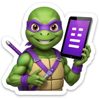 Donatello from Teenage Mutant Ninja Turtles, emoji style, holding a tablet with a hacking screen and smiling, with a purple hacking interface sticker