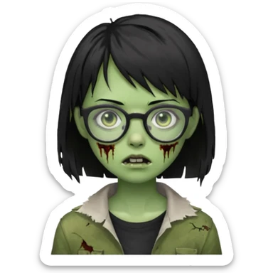 Green zombie girl with black short hair and side bangs in glasses sticker