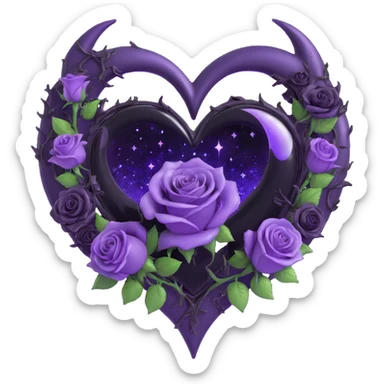 gothic heart made of black glass, silver crescent moon, deep purple roses, holographic stardust, neon lightning, drenched look, splintered glass texture sticker