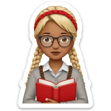 A student, girl, brown skin, braid blonde hair, wearing glasses, hold red book in front of their chest sticker