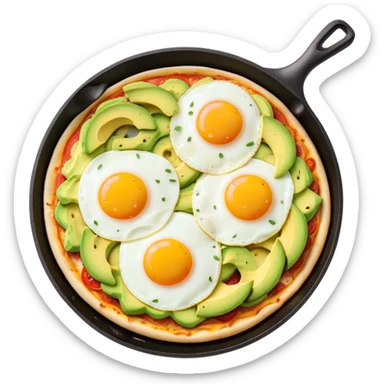 A breakfast skillet with melted cheese, pizza toppings, sliced avocado, and a fried egg on top sticker