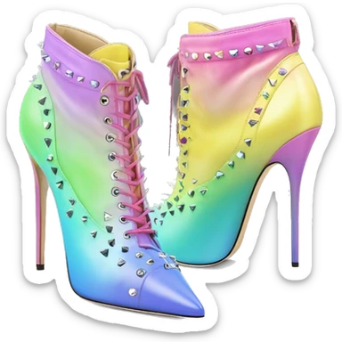 Realistic isolated top view of a pair of pastel rainbow spikey jimmy Choo stiletto high heel ankle bootie boots.  sticker