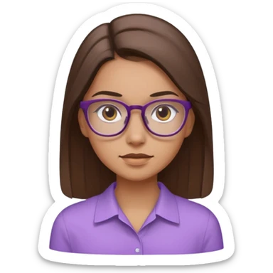 Imagine a pretty girl with slightly light brown skin with big brown eyes and glasses. She has straight long brown hair in a slick back and is wearing a light purple shirt sticker