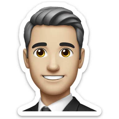 Portrait of an adult smiling man, pale light skin, short bold black-gray ombre hair, black eyes, wearing a black office suit and a white collared shirt underneath. sticker