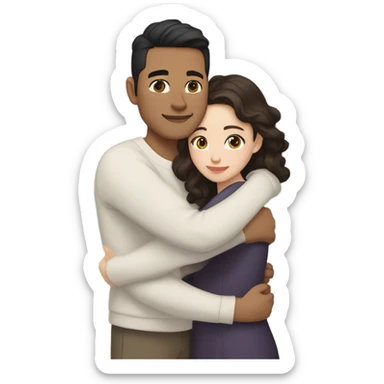 A pale half Asian man with short dark hair and amber eyes embracing and loving a white woman with long wavy brunette hair and dark hazel eyes. They love each other a lot And have good fashion taste and are hugging each other tight  sticker