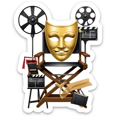 Icon for Acting: a theatrical mask, stage lights, a director’s chair, a script, a movie camera and a clapperboard, representing the craft of acting in theater and film. Famous actor-star. The design should reflect creativity, performance, and storytelling. Transparent background. sticker