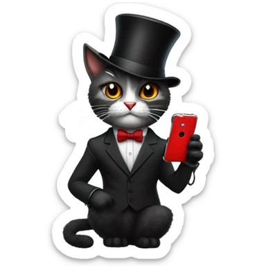 Cat with a top hat wearing a suit and tie and black ripped jeans with a fluffy tail and sharp claws and fingerless gloves while holding a red phone sticker