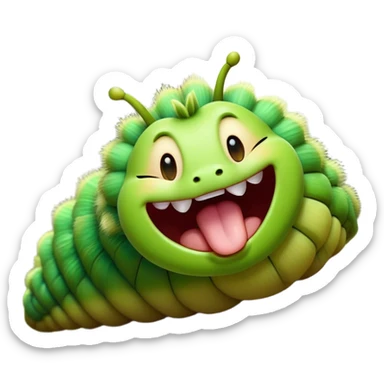 Cinematic Realistic Cute Yawning Caterpillar Portrait Emoji, Head tilted slightly with a dramatic, wide-open yawn, showcasing a soft, downy segmented body in vivid green with subtle drooping and half-closed, drowsy eyes, rendered with intricate natural texture and gentle shadows, high shine, relaxed yet expressive, styled with a dash of woodland charm, soft glowing outline, capturing the essence of a sleepy yet affectionate caterpillar that appears ready to stretch out and rest among the leaves! sticker