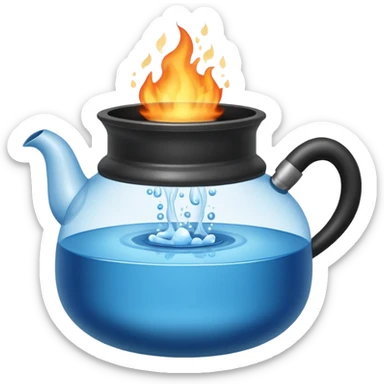  a small pot or kettle filled with water placed on fire, the water is boiling intensely with visible steam and bubbles rising, bright lighting, clean white background sticker