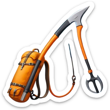 Icon for Mountain Tourism and Climbing: a mountain peak in the background, an ice axe, and climbing gear. The icon should capture the adventure and challenge of alpine exploration. Transparent background. sticker