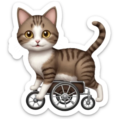full body small short hair dark brown and white cat with hazel eyes walking in a wheelchair for cats sticker