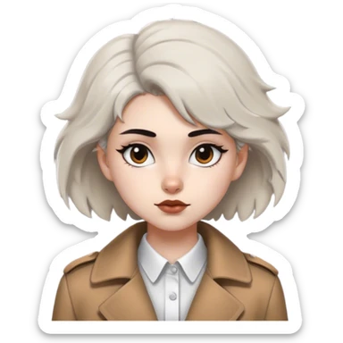 A girl with a wolf haircut, white skin, black eyes, a mole next to her left eyebrow, wearing a white shirt with a brown coat. sticker