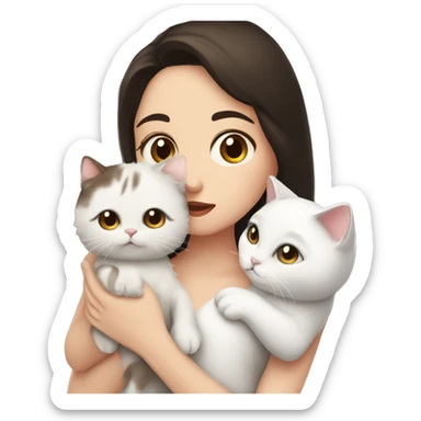 A pale girl with dark brown hair and dark brown eyes holds and kisses a white cat in her hands  sticker