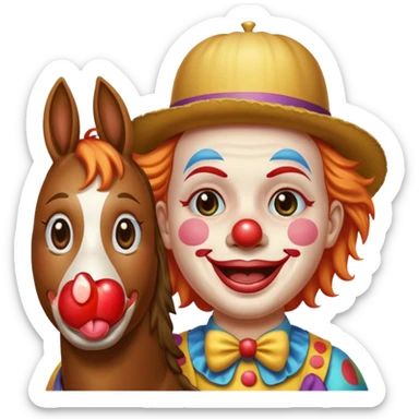 a crying but smiling and showing a peace sign clown face riding a horse, make it native to apple emoji style, the horse and the clown both emoji should match apple's style. sticker