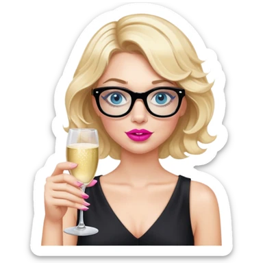 Blonde woman with short wavy hair, blue eyes and pink lips wearing black glasses looking very drunk holding a champagne glass  sticker