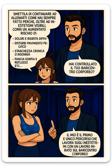 TRASFORMA QUESTO CAROSELLO IN UN FUMETTO STILE MANGA A COLORI CON QUESTE DUE PERSONE IDENTICHE CHE INTERLOQUISCONO TRA LORO:

LUI (UOMO): Smettila di continuare ad allenarti come hai sempre fatto perché, oltre ad inestetismi visibili, corri un aumentato rischio di:
    • dolori e rigidità diffuse
    • disturbi pavimento pelvico
    • stanchezza cronica o insonnia
    • pancia gonfia e reflusso (bruciore)
    • etc… sticker