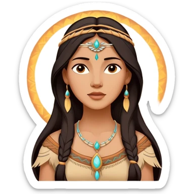 Cinematic Radiant Pocahontas Portrait Emoji, rendered in a vector-style with clean lines. Show Pocahontas with luminous, sun-kissed skin and flowing dark hair adorned with subtle natural ornaments, her expression calm and kind, dressed in simple traditional attire with earthy tones. The image glows softly with a warm, inviting radiance, enhanced by a soft glowing outline. sticker