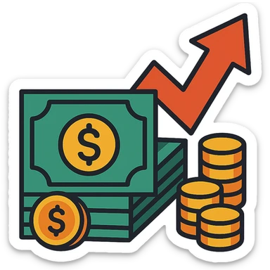 investment concept with upward arrow and money, with a different background sticker