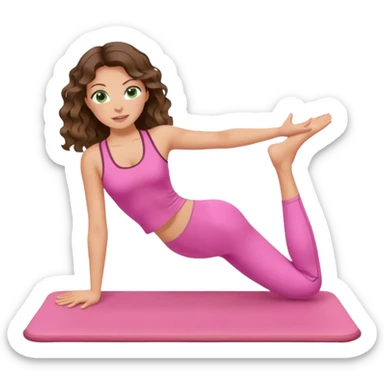 White, green-eyed, brunette cute feminine lady emoji with wavy hair doing pilates wearing pink pilates fit sticker