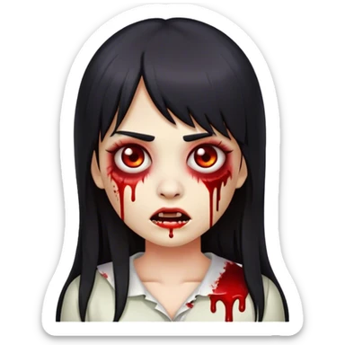 emoji de zombie feminino com sangue, cabelo liso reto com franja reta preta longo sticker