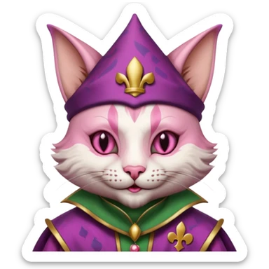 court jester cat medieval, single poker card joker clearly visible, pink, face only sticker
