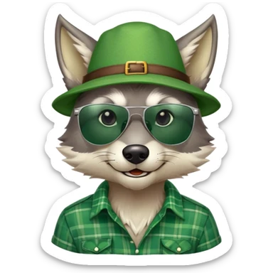 head and shoulders friendly anthropomorphised wolf in green plaid shirt and green attire for St. Patrick's Day, wearing dark sunglasses, upright pose sticker