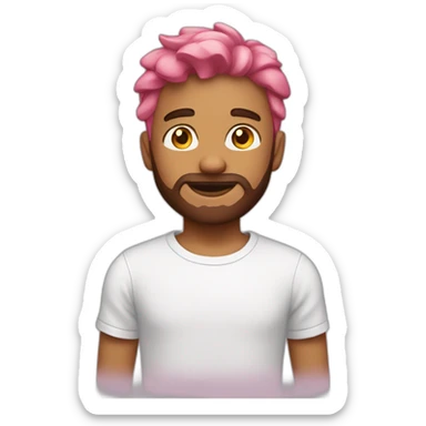 A pink haired boy with a brown beard and a white t-shirt sticker