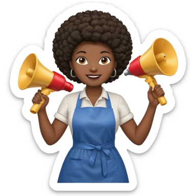 Mujer curvy afro, con vestimenta cómoda y delantal, y un megáfono en la mano sticker