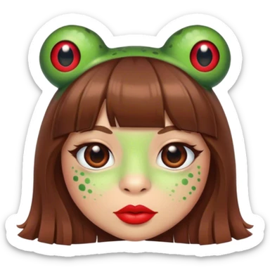frog with brown hair, brown bangs, red lipstick sticker