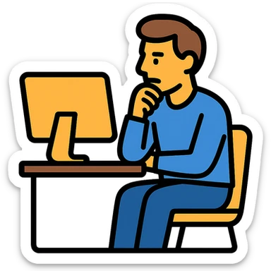 a man sitting at the table with an imac on it, a man sits in a very thoughtful pose sticker