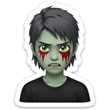 3D emoji-style avatar with grey zombie skin, dark brown hair, a young Asian face, and large green eyes with blood tears. Give it white litle bit messy mullet hair style , silver hoop earrings, and a plain black T-shirt. The face expression should be slightly angry, with vampire fang sticker