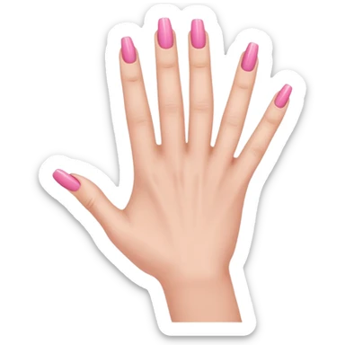  pink  close-up of a human hand with exactly five fingers, beautifully manicured nails, glossy pink nail polish, elegant nail shape, soft lighting, realistic style, isolated on transparent background" sticker