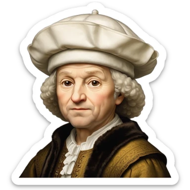 emoji of rembrandt,-shown-as-a-master-artist-with-deep,-introspective-eyes-and-richly-detailed-period-clothing,-rendered-with-dramatic-chiaroscuro-lighting-that-emphasizes-his-legacy white puffy hat sticker