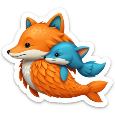 One orange fish and one teal blue fox, that are hugging or cuddling each other sticker