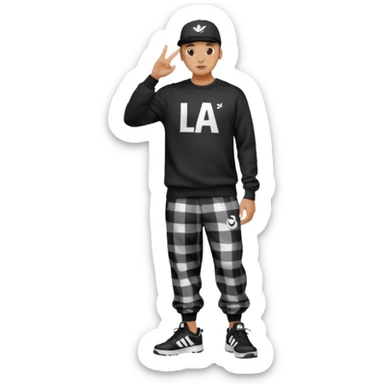 Crea Un Emoji De Cuerpo Completo Que Sea Hombre Con Corte Alucin Que Tenga Gorra Nike, Suéter Negro Que Tenga La Letras LA El La Parte Del Corazón, Zapatos Adidas Con Una Palomita✅, Pantalón Ancho O Bellaco Con Unos Diseños De Palomas Blancas Y Asiendo Una Pose Con Su Mano Que Sea Está 🤙🏽. sticker