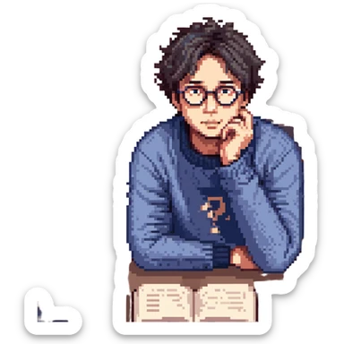 Flat pixel are, calm and curious male thinker, light skin, short tousled dark hair, round glasses, focused expression, wearing an indigo sweater, seated at a desk with open books and a floating question mark above his head, one hand resting under his chin in thought, waist-up, front-facing sticker