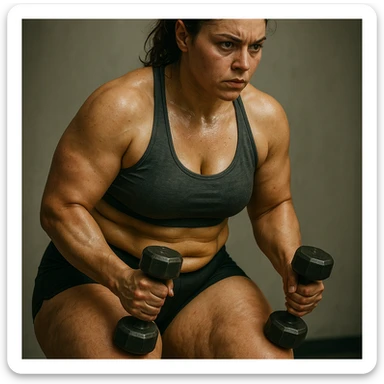 hyper realistic 4K image of a woman training intensely and following a diet, with stubborn fat on legs and thighs, anatomical details, cinematic atmosphere, determined expression, neutral background sticker