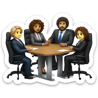 work meeting table 3 men and 4 women sitting on a table wearing suits the women have curly hair and one of the men is fat with a beard and of them is tanned with curly hair sticker