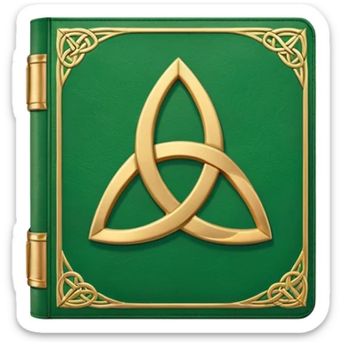 a green closed book with a golden triquetra sticker