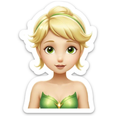 Cinematic Realistic Blonde Tinker Bell Fairy Portrait, head tilted playfully and inquisitively, showcasing a delicate pixie form with finely detailed, golden blonde hair and softly glowing, translucent wings that catch the light with a cascade of fairy dust. Her bright, curious eyes sparkle with mischief and wonder, rendered with lifelike clarity and warm, gentle lighting that captures the essence of a spirited, charming fairy ready to flutter playfully into your heart. sticker