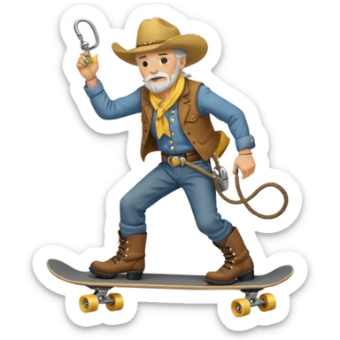 grizzled old cowboy on skateboard, lasso in hand, yellow face, boots and spurs, android emoji style sticker