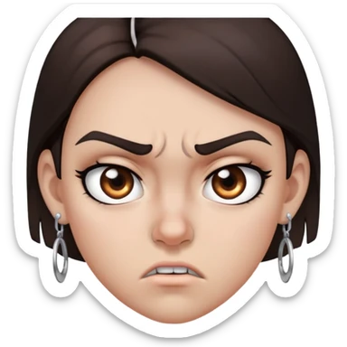 angry girl with dark brown hair below shoulders, grey eyes, earring on right side of nose, pierced ears sticker