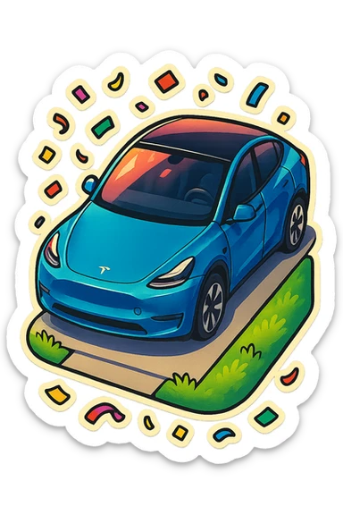 A Tesla Model Y parking in a home driveway with grass on the sides, from above, with confetti sticker